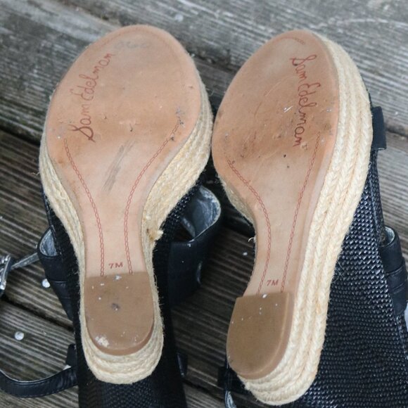 Sam Edelman Karly Black Leather Strappy Ankle Wrap Straw Wedge w Rope Trim Sz 7 - Picture 10 of 10